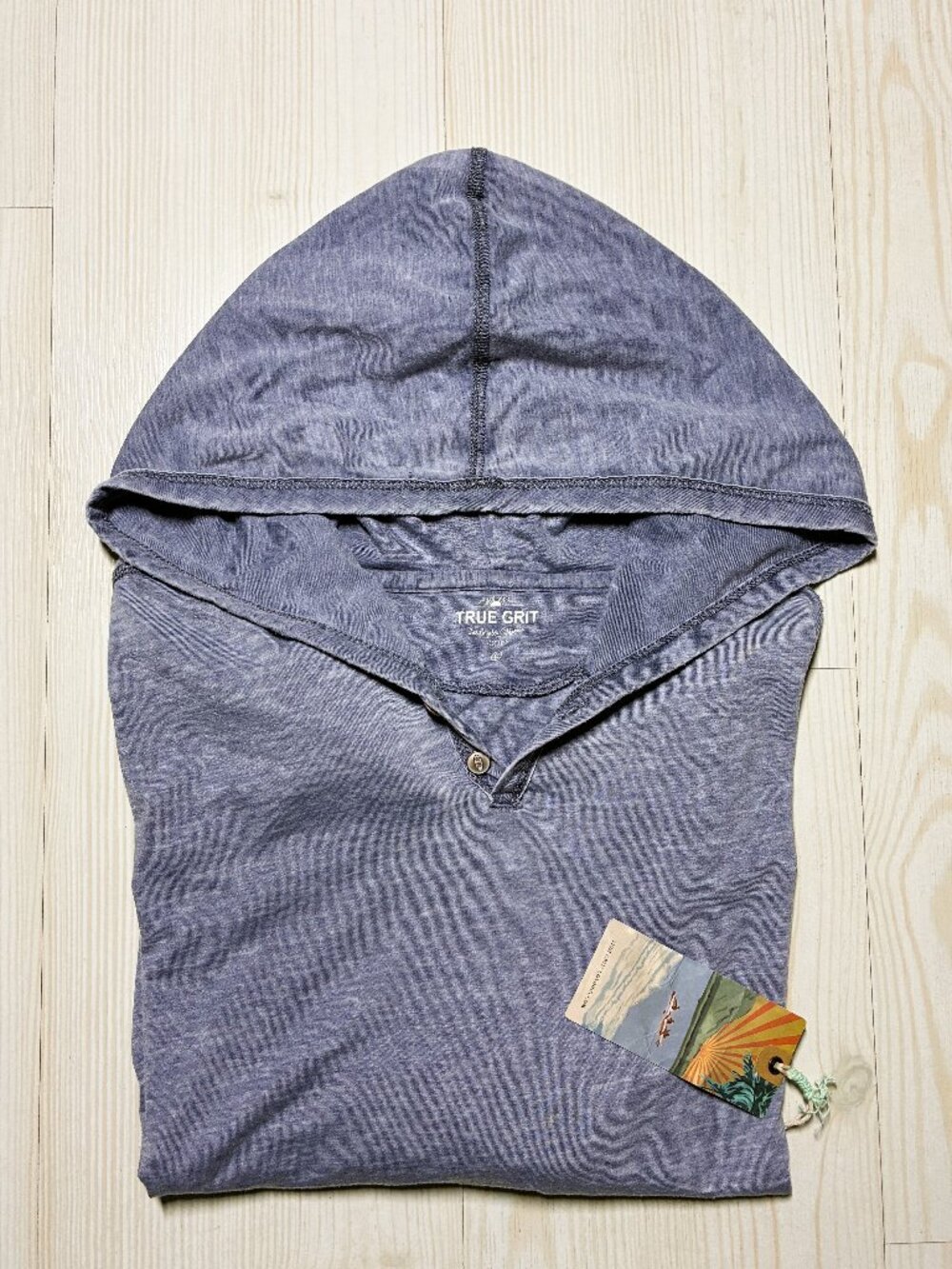 True Grit Men's Hooded Henley Shirt Large Blue Slub Knit Poly Cotton RN 9329